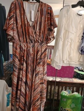 Soft Surroundings Brown Multi-Stripe Wrap Midi Dress